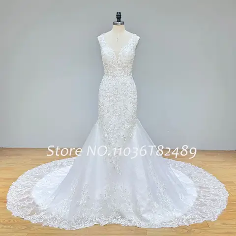 Hyr Lnyer Axelband V-ringning Rygglös Glänsande Pärlor Paljetter Spets Elegant Sjöjungfru Bröllopsklänning Riktiga Bilder Video 10 best sales Arabisk förlovningsklänning - №10