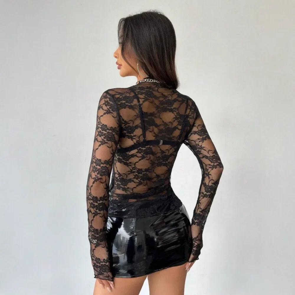 European American Hot Style Lace Sheer T Shirt Women Slim Fit Mesh Top Sexy See Through