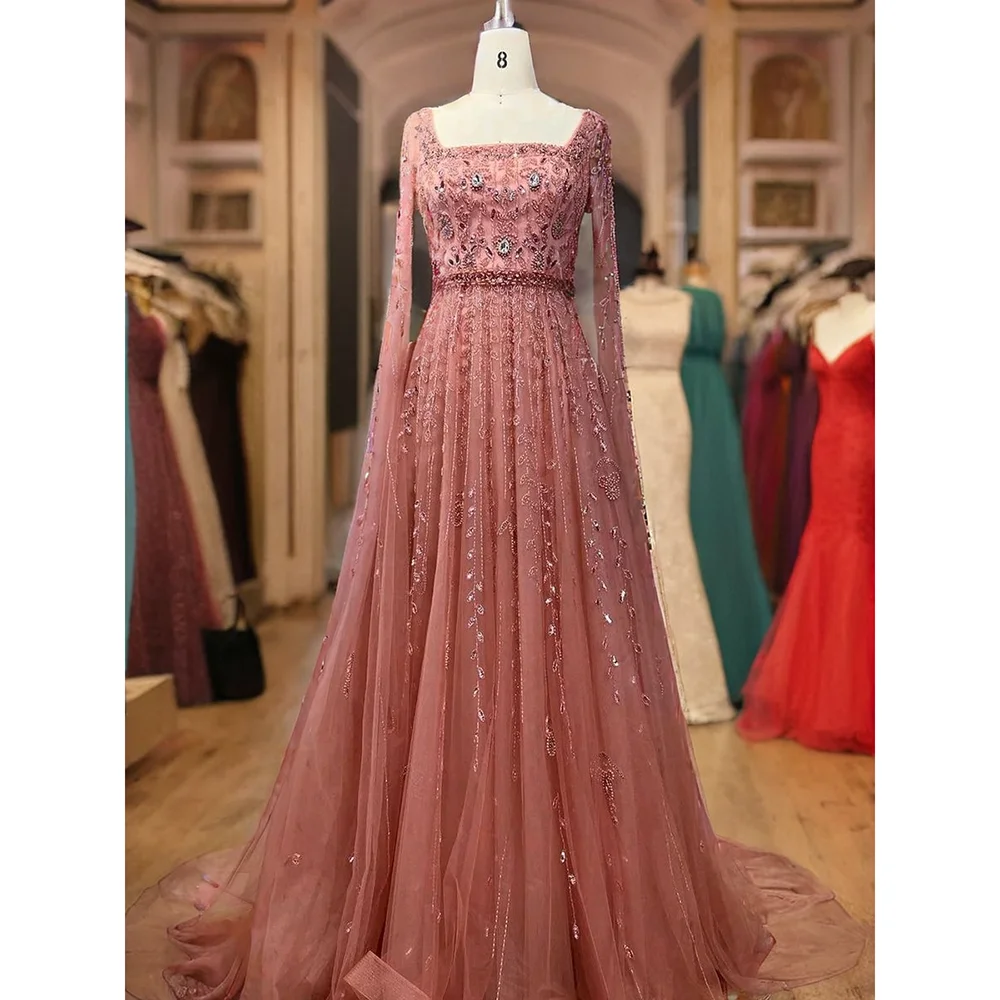 Exquisite Crystal Evening Dresses Square Collar Long Sleeve Draped Floor Length Appliques Floor Length Special Occasion Dress