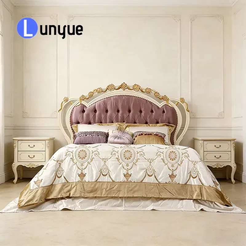 French Royal Heart Tufted Headboard Solid Wood Queen Bed Hand Carved Luxury Wooden Bedroom Set for Villa