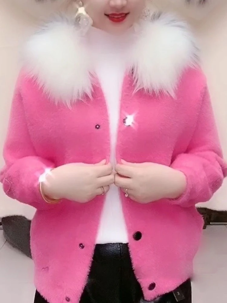 Autumn And Winter New Warm Solid Color Thick Hooded Imitation Mink Fur Coat With Rhinestone And Fur Collar Women's Top Cardigan