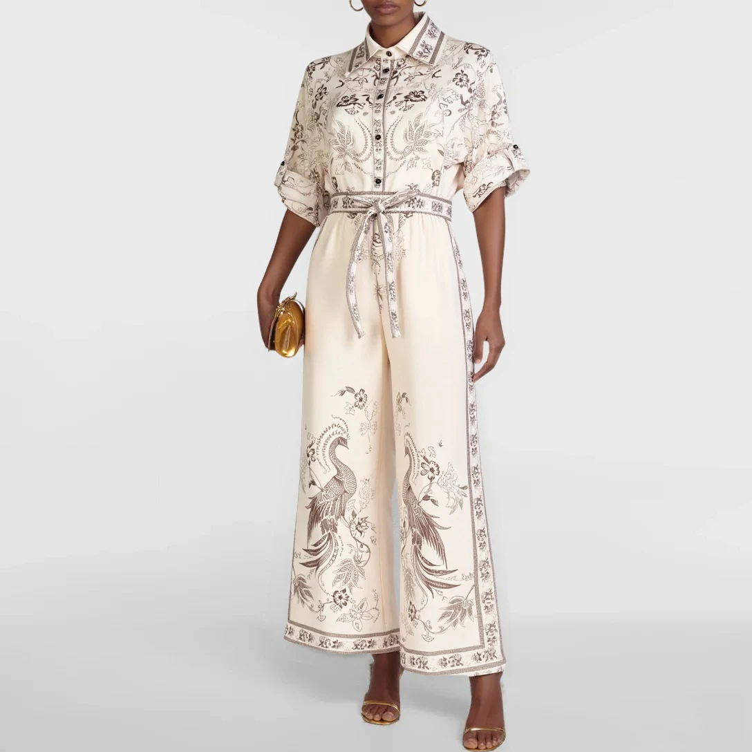 

Новинка осени 202, ретро-принт Феникса, длинный комплект с лацканами на одной пуговице, женский комплект с эластичным поясом и свободной талией, моющийся наряд