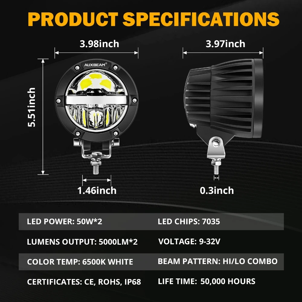 AUXBEAM 4 inch Universal LED Work Light 100W White Driving Fog Lamp with Wire Harness Amber DRL High / Low beam IP67 Waterproof