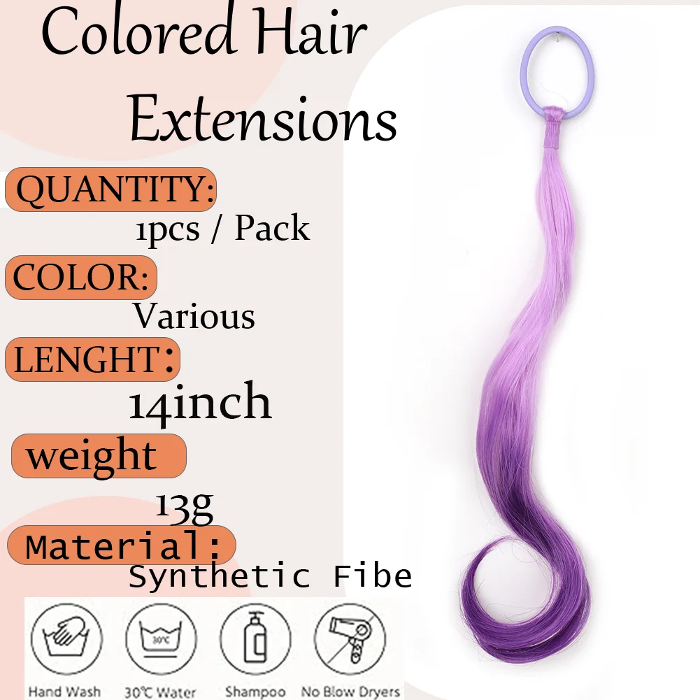 Extensions de cheveux synthétiques colorés pour enfants, extensions de queue de cheval bouclées, légères, avec élastique, 14 po