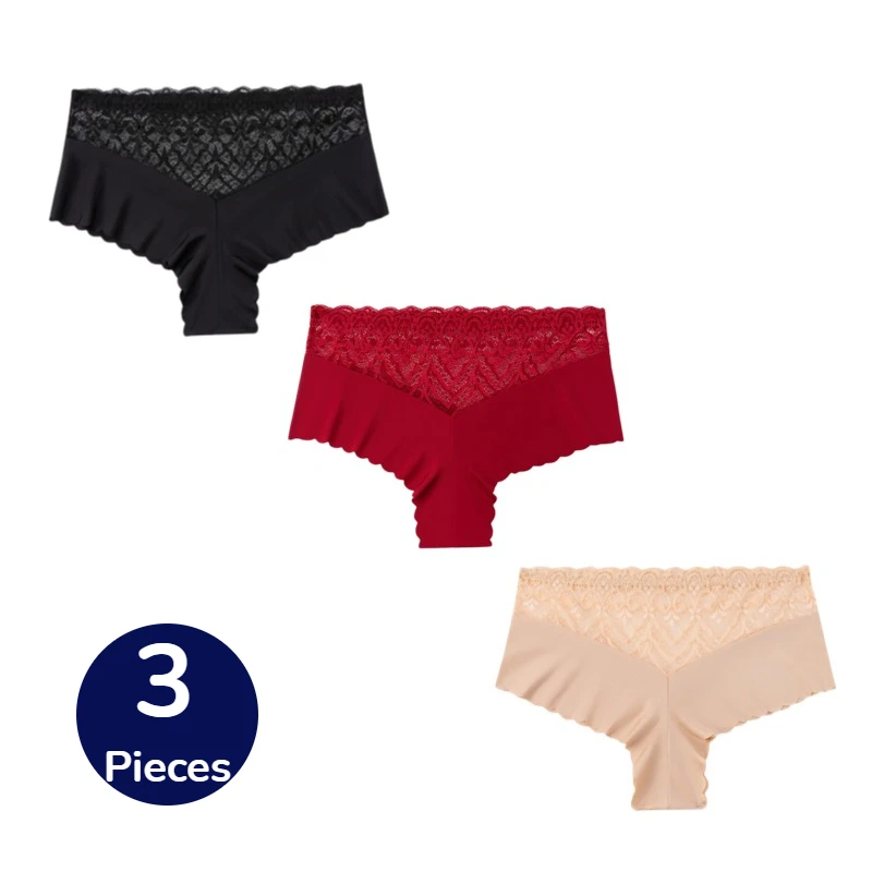BZEL 3PCS Sexy Lace Hollow Out Women's Panties Boxers Low Rise Elastic Sweet Cherry Printed Female Underpants Boyshorts forWoman