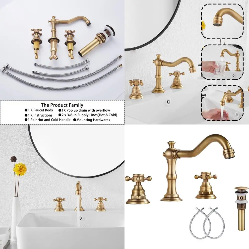 

8 Antique Brass 2-Handle 3-Hole Widespread Bathroom Sink Faucet with Pop-Up Drain and Overflow