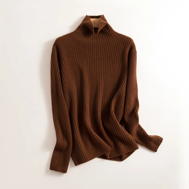 

Зимний свитер в рубчик из 100% чистой шерсти, женская водолазка, теплые свободные вязаные топы