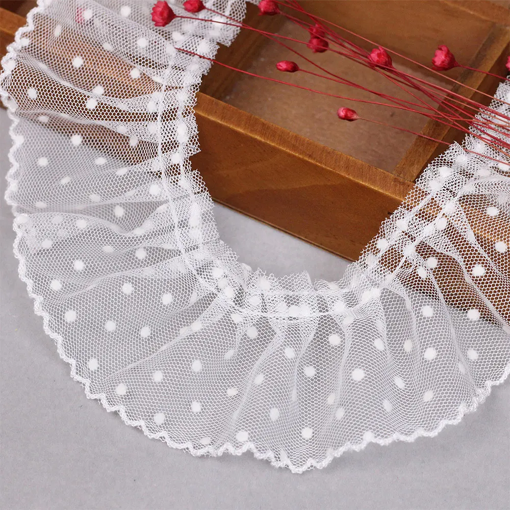 Eco-Friendly 5cm Width Mesh Lace Trim White Black 3D Pleated Polka Dot Ribbon for Doll Dress Collar & Handmade Sewing