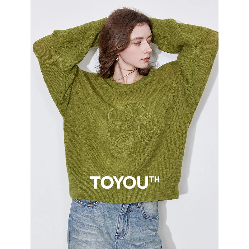 TOYOTUH Women Knitted Sweater 2025 Spring New Flower Pattern Horse Hairy Long Sleeve Lazy Style Pullover Tops