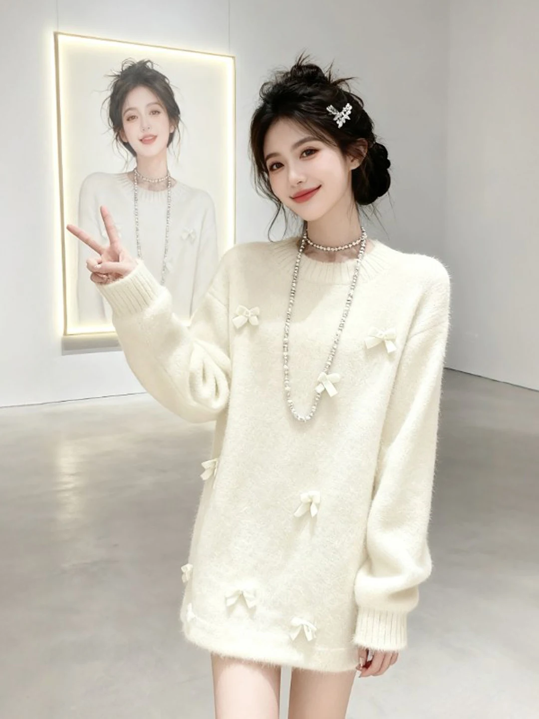 

Ladies Faionable Long Sve round Ne Knitwear Knot Lazy Sle Spring 2026 Soft Medium Fabric Versatile Ocns