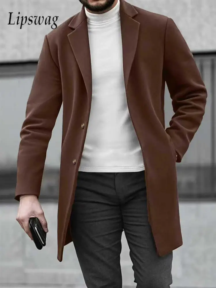 

Casual Solid Color Single-breasted Coats Men Fall Winter Vintage Turn-down Collar Mid Jacket Mens Stylish Woolen Overcoats