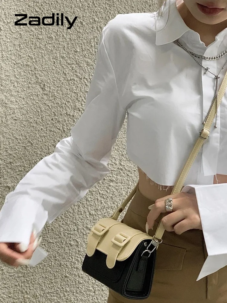 Zadily 2022 Summer Y2K Asymmetrical Long Sleeve White Shirt Women Sexy Button Slim Crop Tops Blouse Streetwear Female Clothing