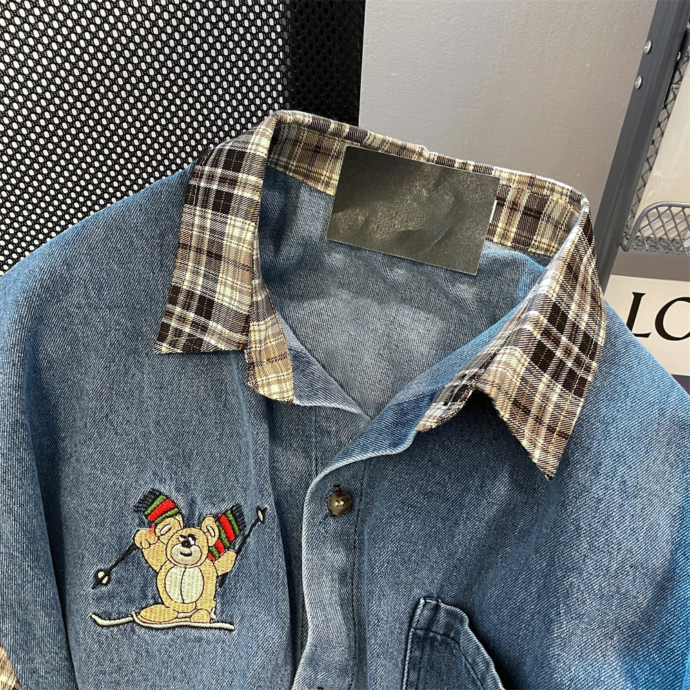 Vintage Denim Patchwork Geruite Overhemden Dames Herfst Lange Mouw Oversized Met Knoopsluiting Shirt Koreaanse Mode Casual Herfst Outwear Tops