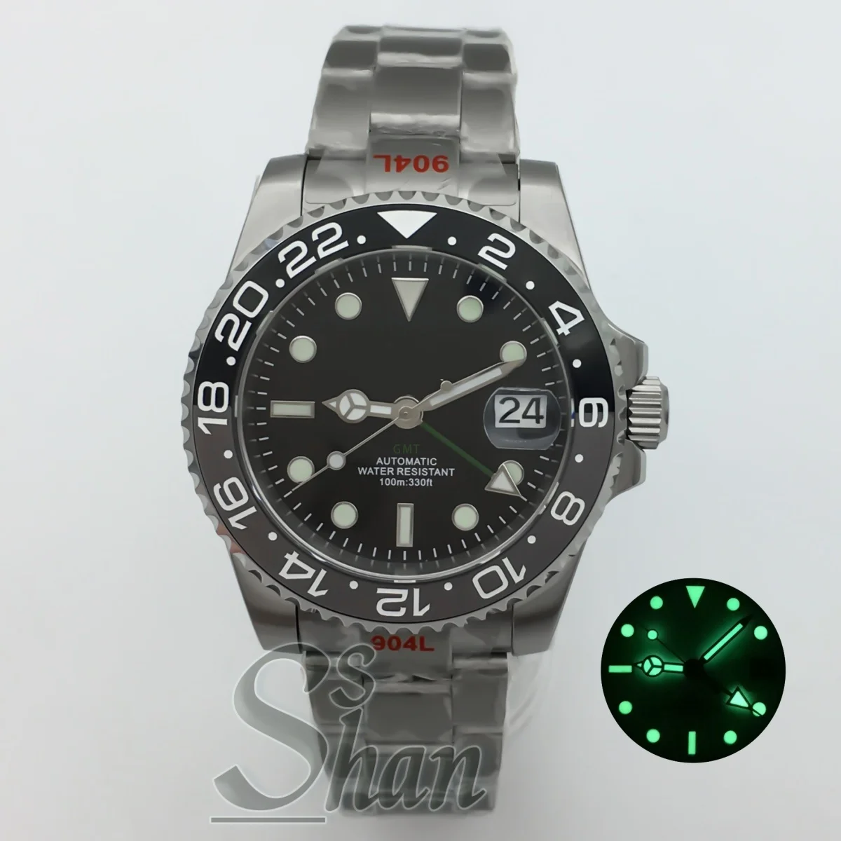 Montre mécanique de luxe NH34 GMT, logo personnalisé, 40mm, lunette en céramique, verre saphir, cadran lumineux vert, résistant à l'eau jusqu'à 10ATM