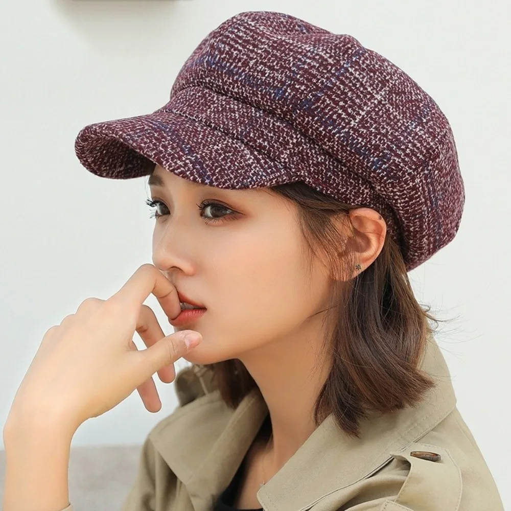 

Fashion Woolen Plaid Octagonal Hat Thick Ear Protection Painter Caps Korean Style Keep Warm British Berets Winter