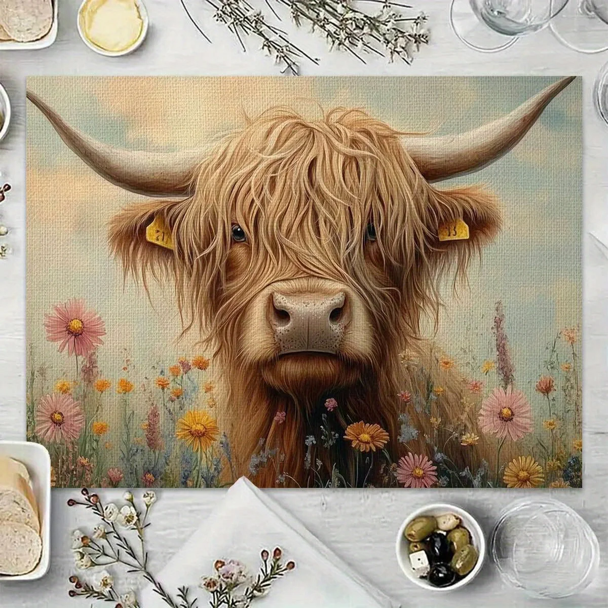 30x45cm 4pcs Highland Cattle Landscape Placemat Waterproof Oil Resistant Rustic Picnic Mat American Country Style Tablecloth