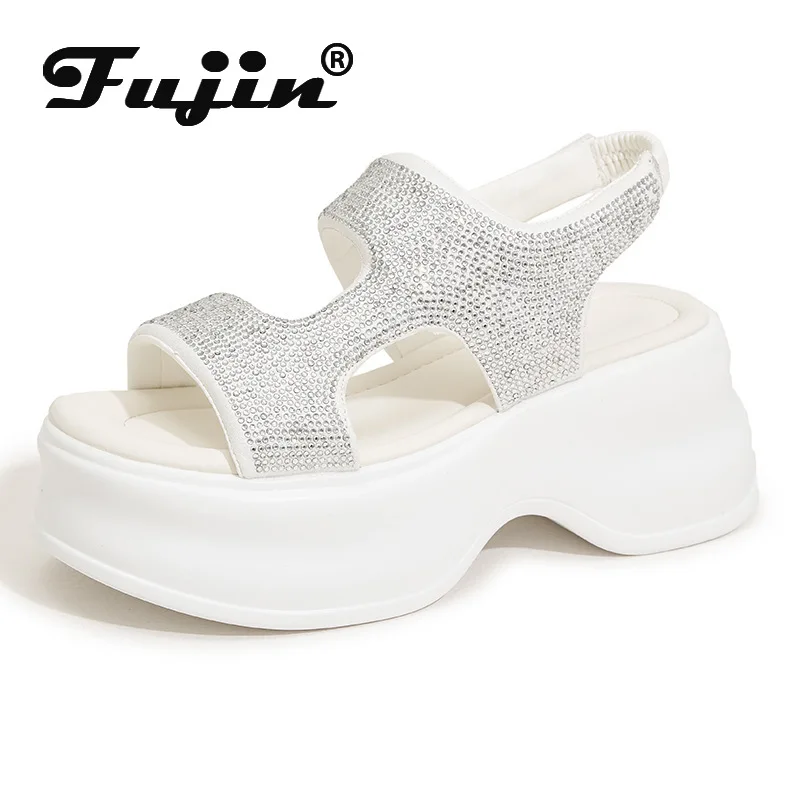 Fujin 8cm Synthetic Rhinestone Slippers Fashion Flats Luxury Elegance Women Bling Leisure Summer Sandals Platform Wedge Shoes