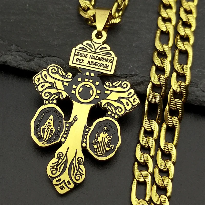 قلادة على شكل صليب يسوع للرجال والنساء من الفولاذ المقاوم للصدأ مطلية بالذهب كاثوليكية سانت بنديكت مريم العذراء مجوهرات تميمة الإيمان #4