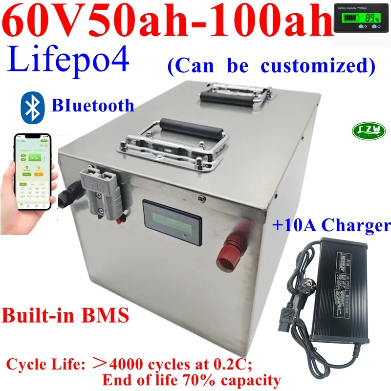 Paket Baterai LiFePO4 60V 50Ah 100Ah untuk Solar Golf Cart RV Penyimpanan Kapal - Lithium Iron Phosphate dengan BMS Bluetooth Terintegrasi