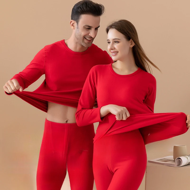 2023 New Couples Thermal Underwear Set Round Neck Wrap Men and Women Thermal Fall Clothes and Pants Home Wear