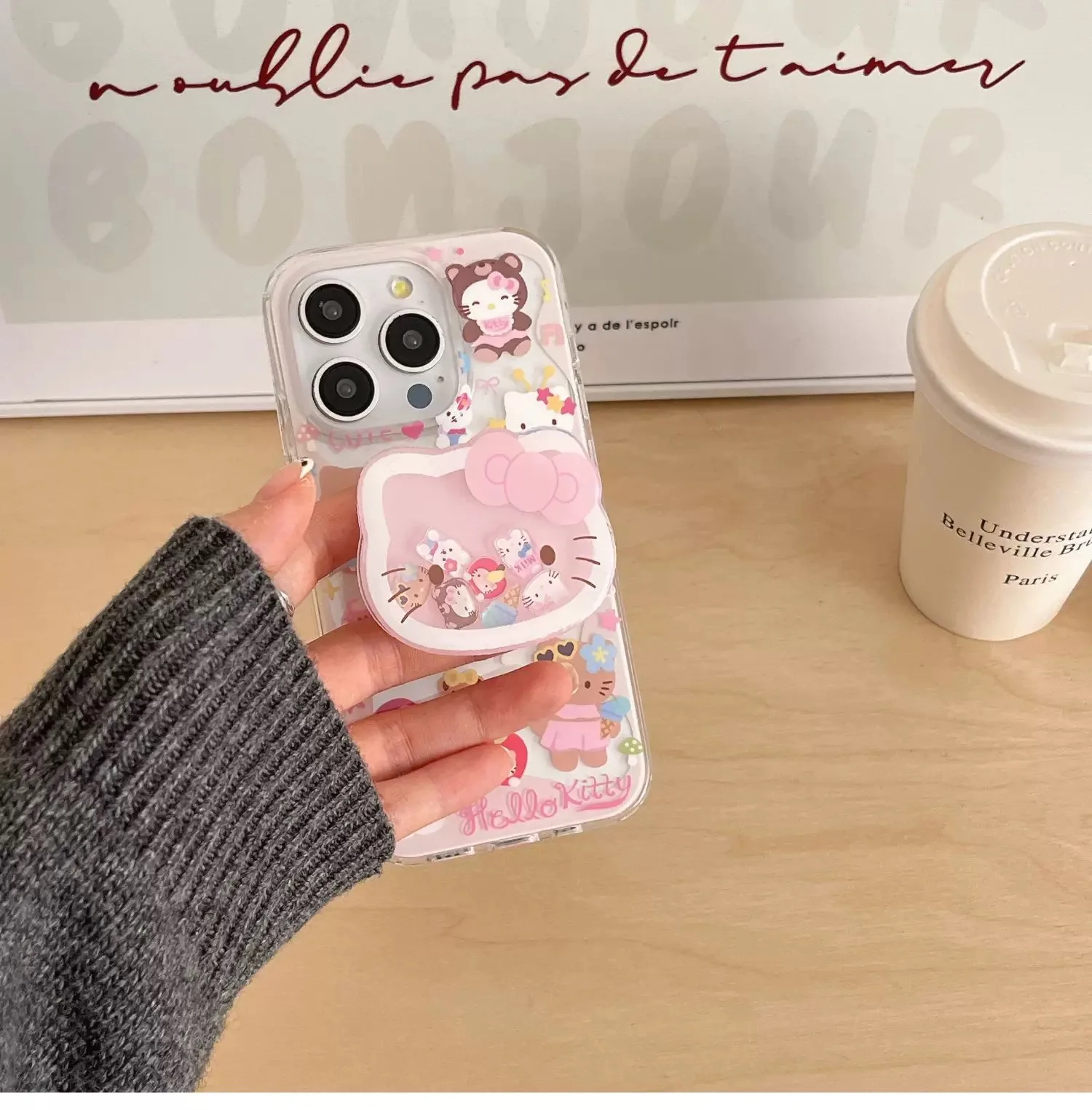 Luxury Clear Cute Cartoon Hello Kitty Soft TPU Phone Case For iPhone 16 13 14 12 11 15Pro Max X Lovely Ice Cream KT Shake Holder