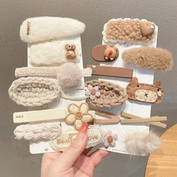 9Pcs/set Cute Plush Hair Clips Suit Bear One-word Clip Hairpin Duckbill Clip Side Clip Bangs Clip Issue Card Hair Accessories