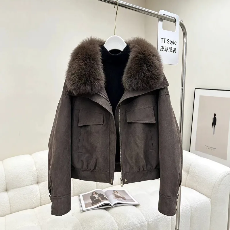 2026 High-quality Goose Down-padded Jacket Women's Winter Short Parka Detachable Fox Fur Collar Loose Outerwear Lady Suede Coats