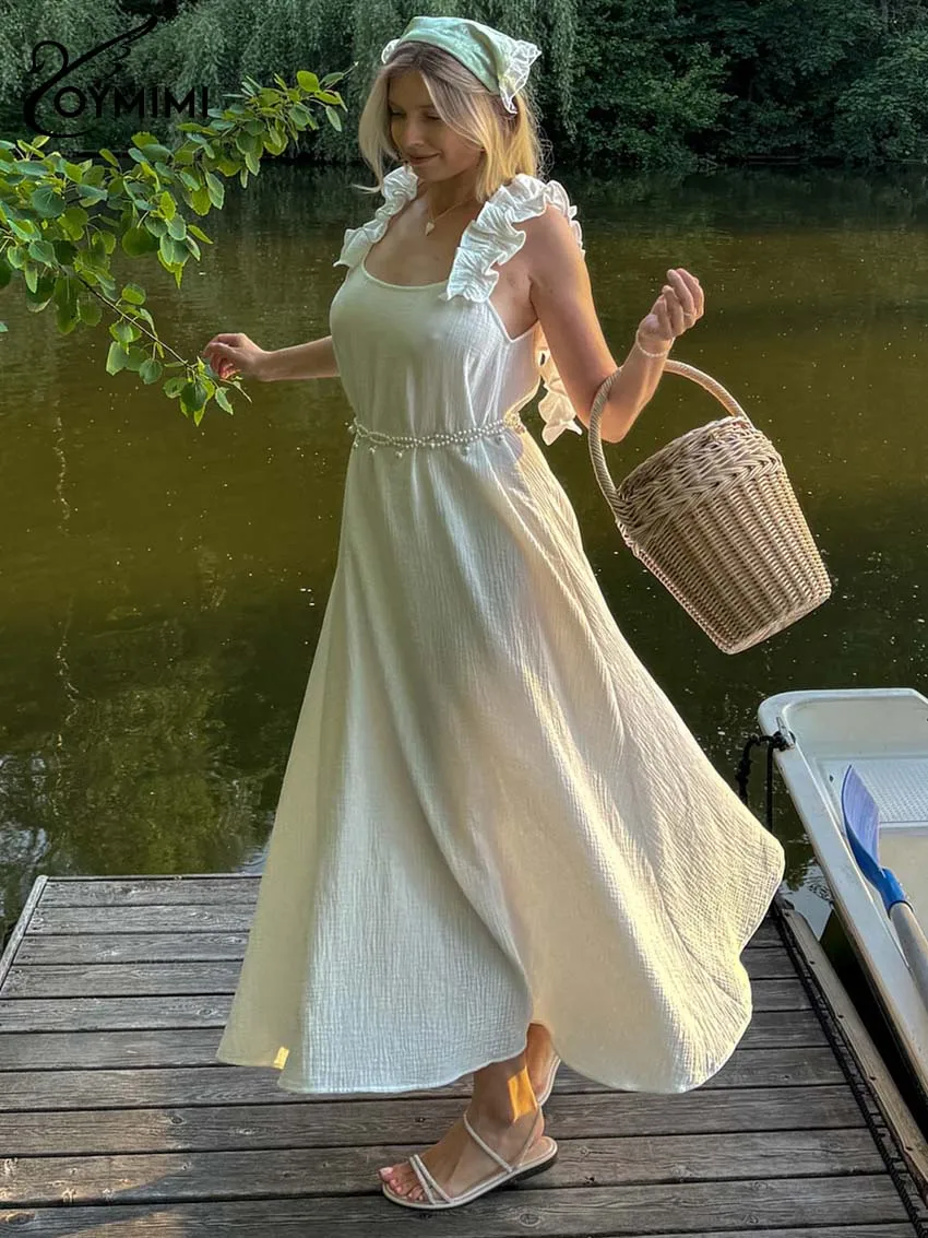 

Oymimi Summer White Cotton Dresses For Woman Fashion Spaghetti Strap Ruffled Open Back Dresses Elegant Loose Ankle-Length Dress