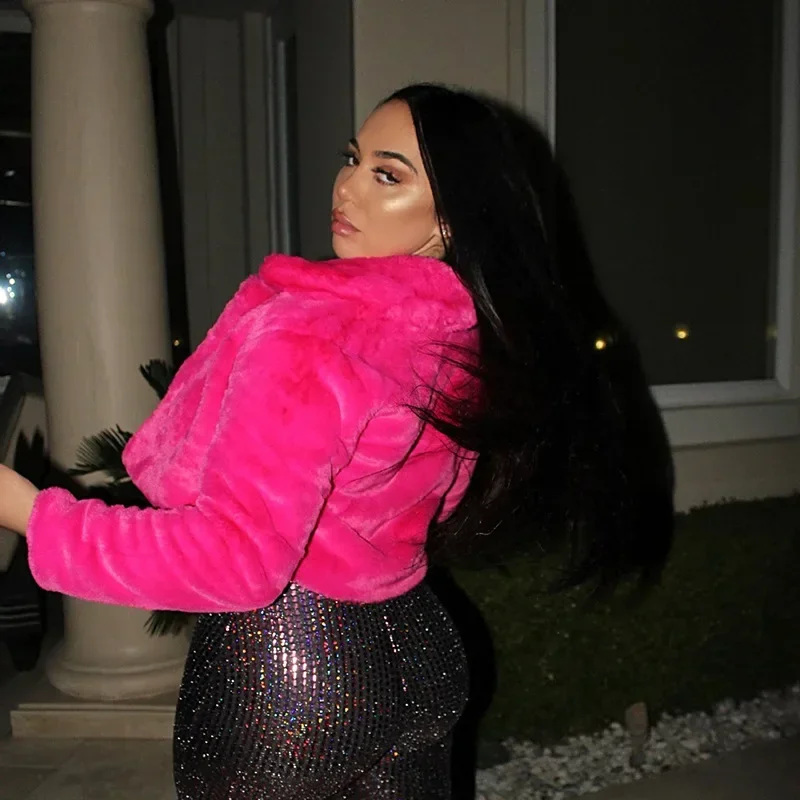 الوردي فروي أشعث ملابس خارجية سميكة فو الفراء سترة المرأة الخريف الشتاء ماكسي معطف قصير دافئ فاخر الفراء الأسود سترات #2