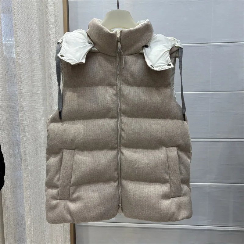 

Autumn Winter Detachable Hooded Fluffy Down Vest Female Warm Solid Zipper Casual Waistcoat Women White Duck Down Sleeveless Vest
