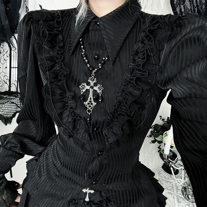 Camisas de manga larga con cordones y volantes de tiras negras, blusas ajustadas elegantes Vintage, ropa de fiesta de otoño a la moda para Halloween