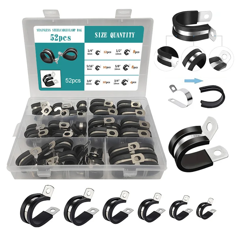 52pcs Cable Clamp Assortment Kit, Stainless Steel Rubber Pad Pipe Clamp, Edge Clamp, Water Pipe Fixing Clamp, Wire Clamp