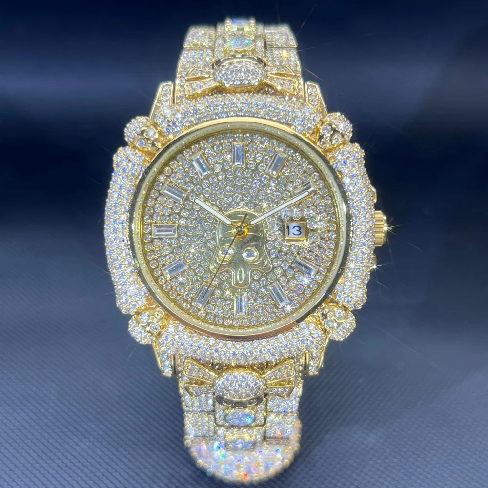 TikTok Hot Diamond Wristwatch For Men Luxury MISSFOX Gold Plated Quartz Watches Nightclub Party Watch Unisex Rapper Jewelry Gift