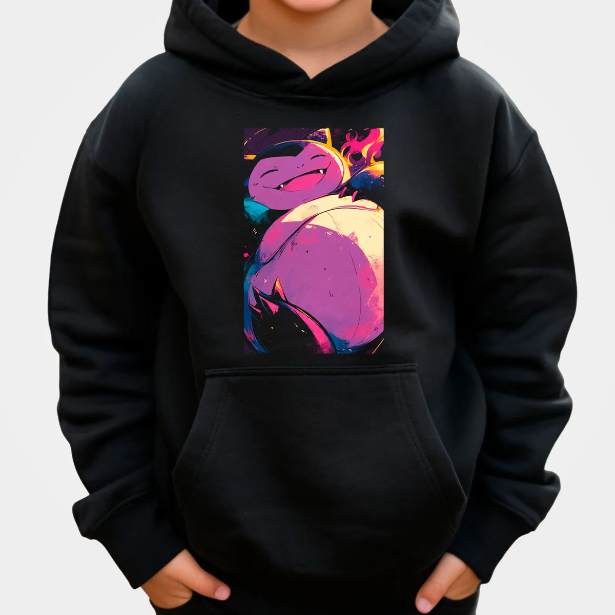Pokemon Anime Sudadera con capucha de algodón Color negro Snorlax durmiendo en fondo colorido estampado frontal grande ajuste suelto calidez de otoño invierno