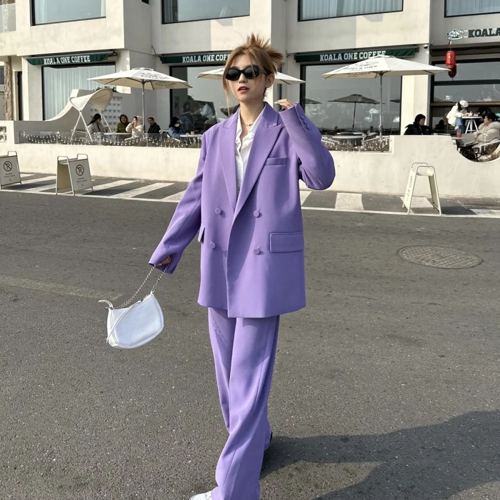 Spring Korean Style Pants Sets Loose Purple Duble Breasted Women Blazer & Long Wide Leg Trousers 2 Piece conjuntos de pantalón