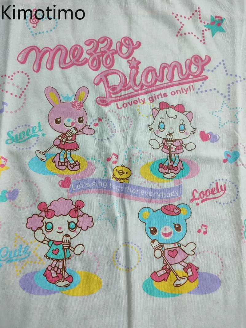 

Kimotimo Japanese Sweet Cartoon Rabbit Printed Girls T-shirt 2025 Summer Contrast Color O-neck Short Sleeve Y2k Top Fashion Tee
