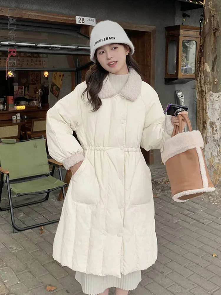 LANMREM Fashion Cotton Coat For Women 2024 Winter New Lapel Single Breasted Block Color Gathered Waist Warm Clothing 2Z2789