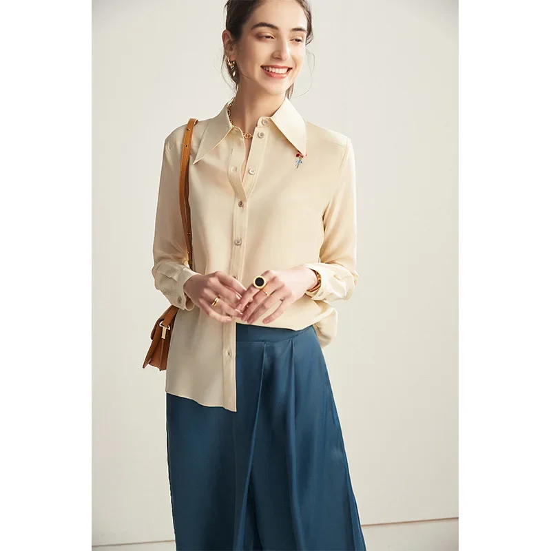 Niche Mulberry Silk Ladies Tops Sun-proof Shirt Long-sleeved Blouse Ladies Fashion Cardigan Lapel Fashion Blouses and Shirts