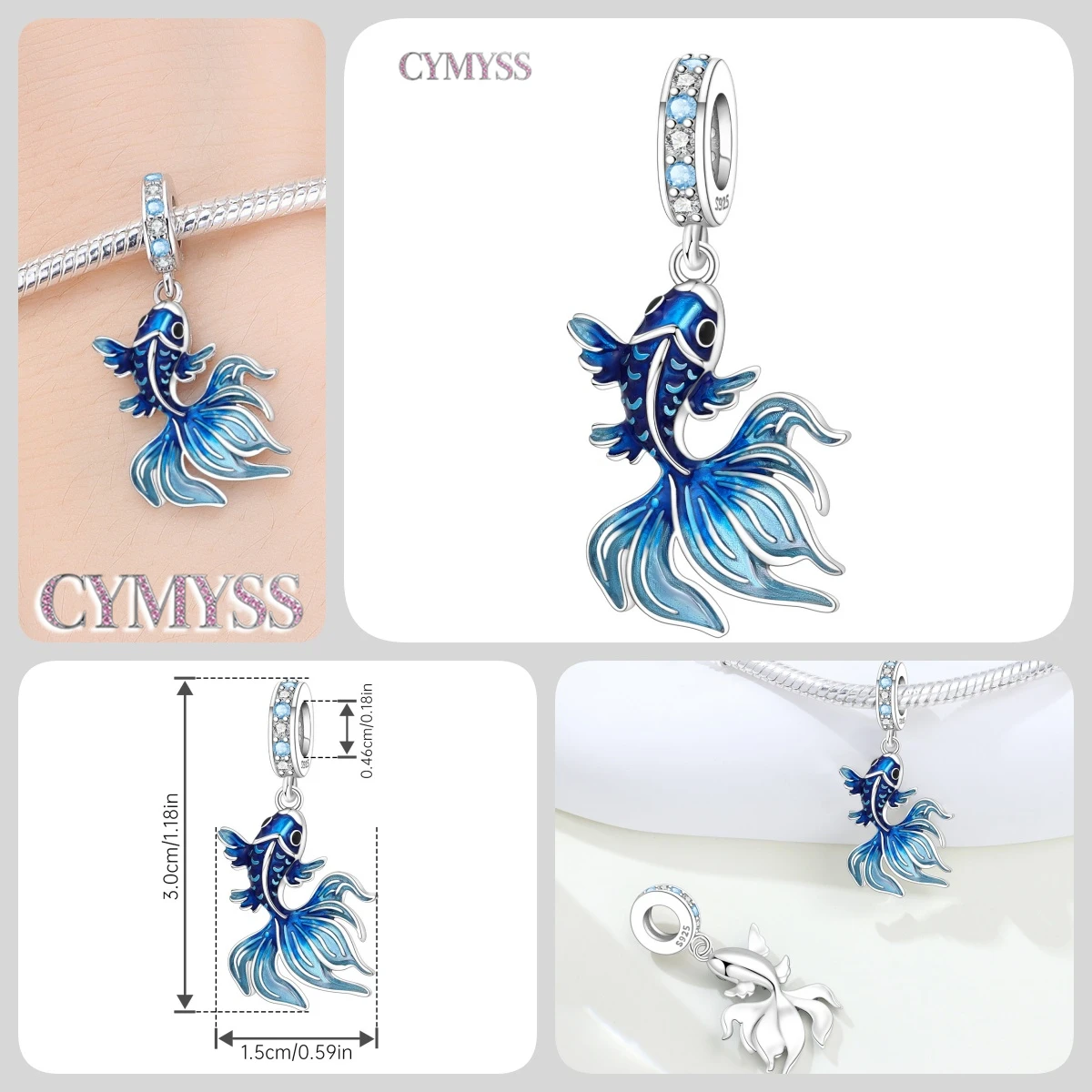Blauer Charm, 925er Sterlingsilber, Ozeanperlen, Betta-Fisch-Anhänger, Geburtstagsfeier, Geschenk für Frauen, Armband, Halskette, DIY-Perlen, Schmuck – Detail 1