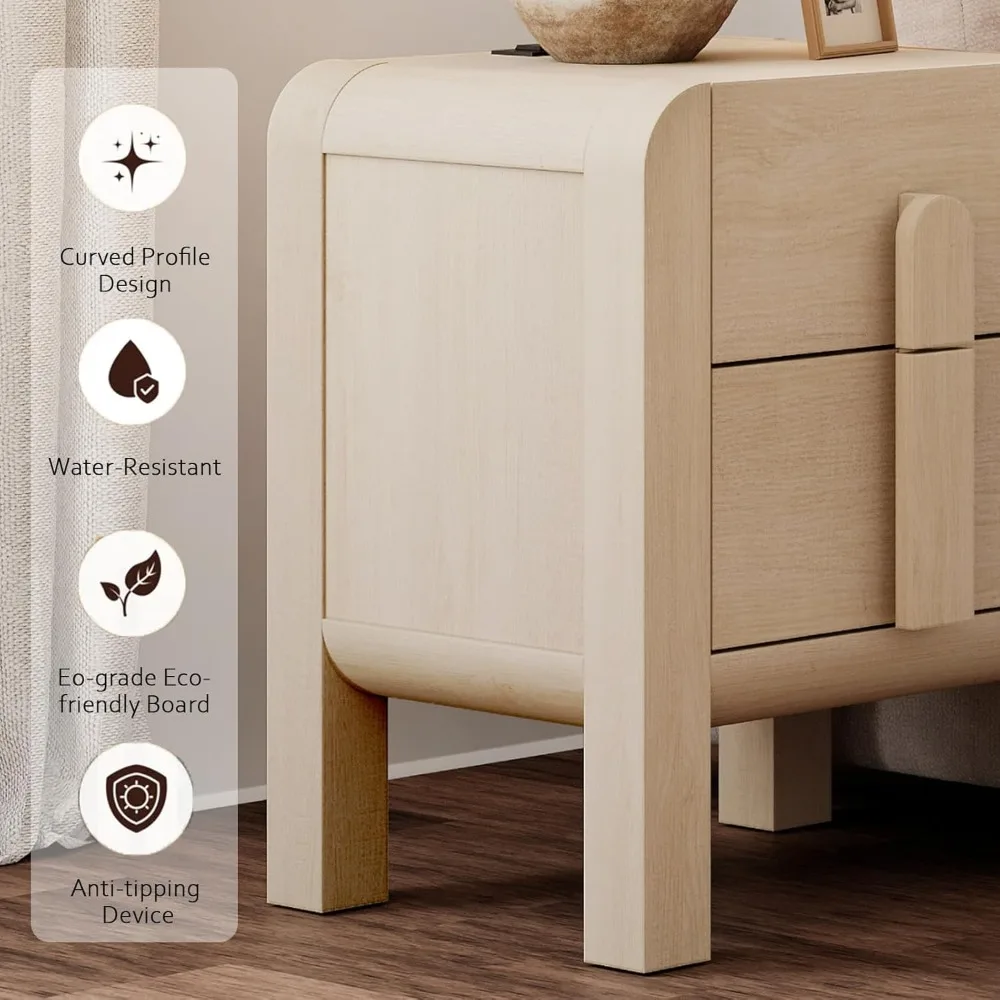 منضدة طويلة معاصرة مع قاعدة شحن، طاولة بجانب السرير خشبية ذات درجين، تصميم منحني، مثالية لجانب الأريكة #5