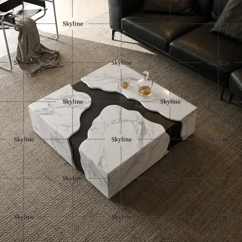 Italian Minimalist Square Marble Coffee Table, High-End Modern Luxury Home Decor