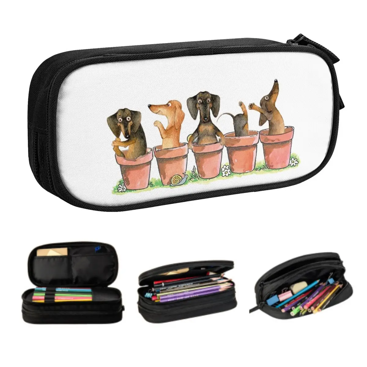 Custom Dachshund Flower Pots Kawaii Pencil Case Girl Boy Large Capacity Wiener Badger Sausage Dog Pencil Bag Student School