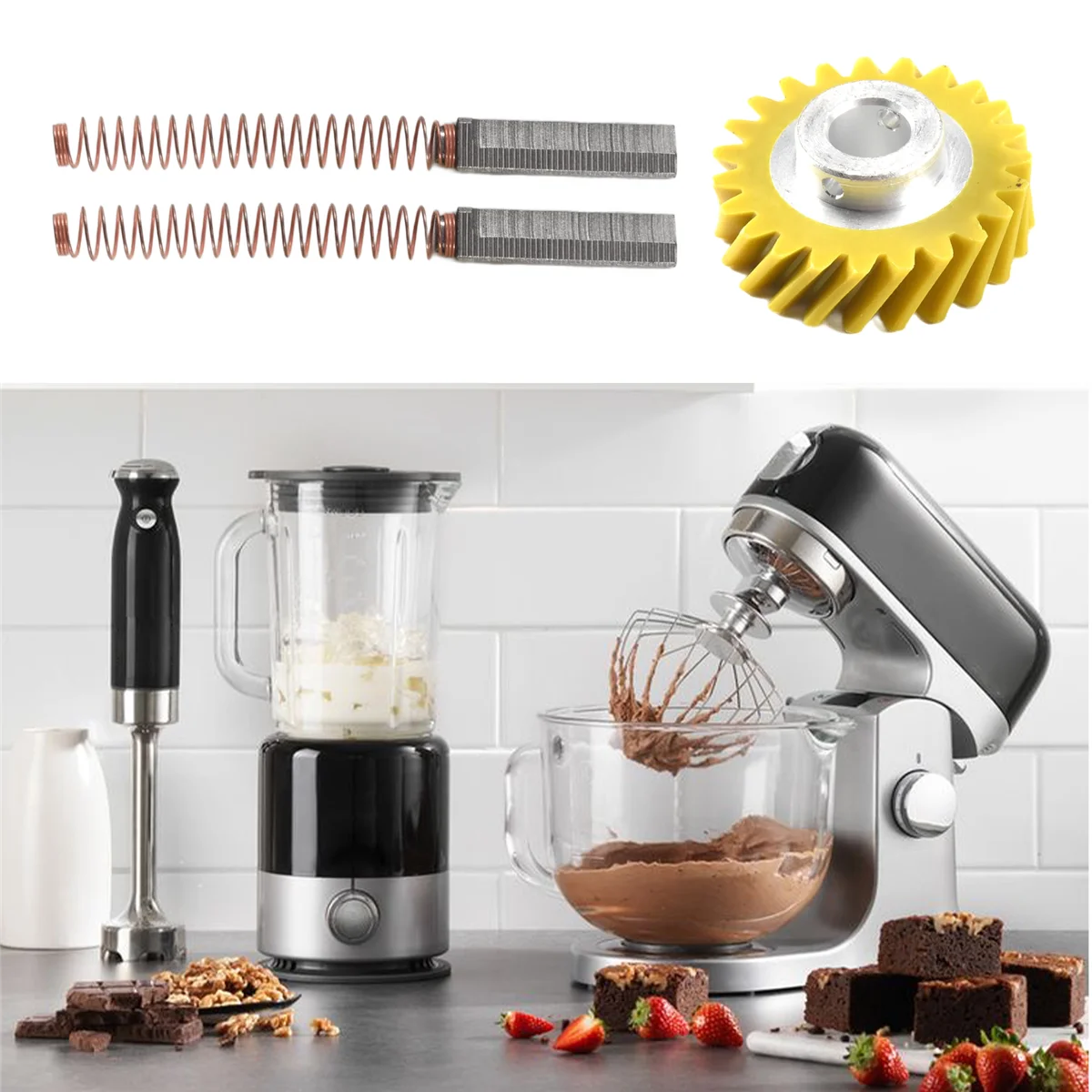 New W10112253 9706416 Motor Brush W10380496 4162897 Mixer Worm Drive Gear for Kitchenaid Stand & A Pair of Motor Brush