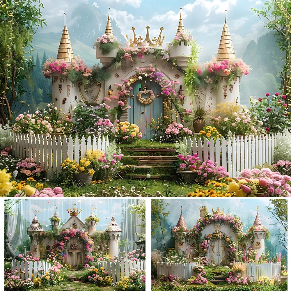 Dreamy Forest Party Background for Girls Princess Castle Garden Fence Flowers Backdrop Decor Kids Birthday Portrait Studio Booth