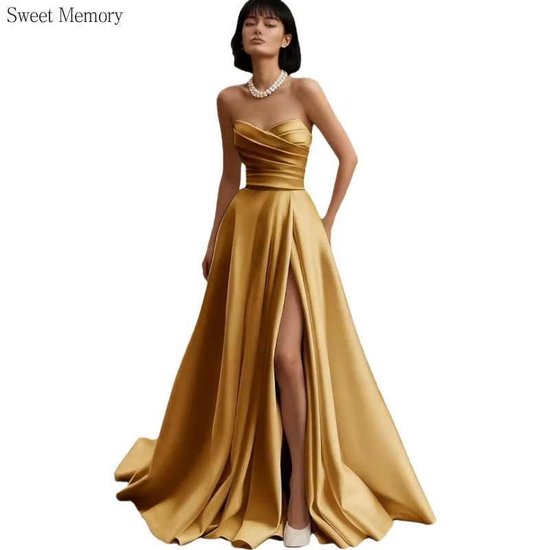 

U50 Customized Strapless Satin Corset Pleat Long Prom Dresses A Line Split Evening Party Dress Formal Gown with Pocket