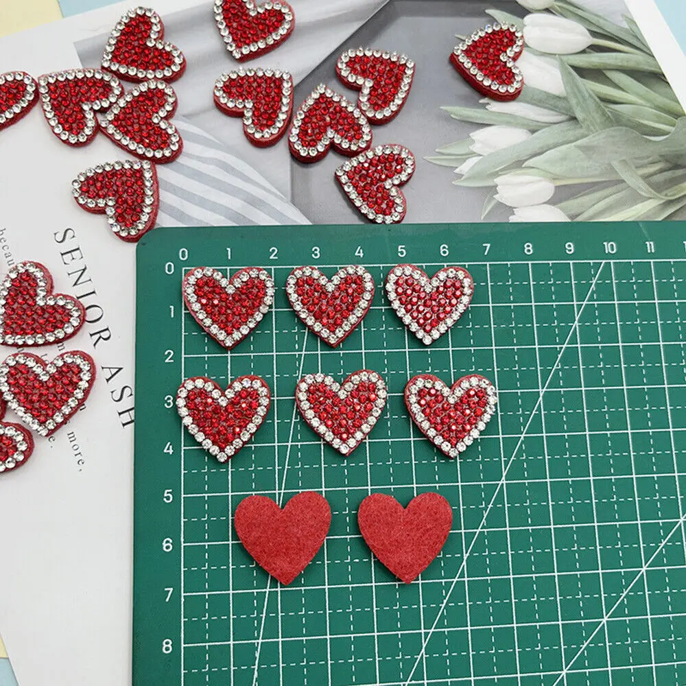 10x Small Red Heart Patch Rhinestone DIY Hair Accessories Clothing Sewing Patch