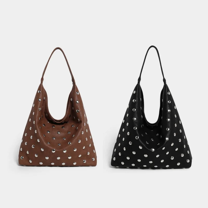 XMESSUN New Trendy Vintage Rivet Underarm Bag for Women,Fashion Designer Female Large Capacity Shoulder Bag Motorcycle Bag INS