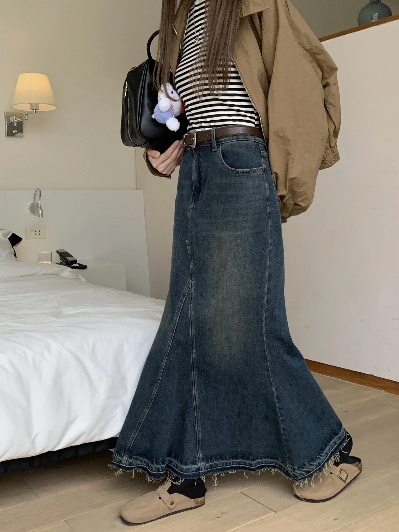 SALIENCY Retro Denim Skirt Women High Waist Versatile Fishtail Skirt  A-line Long Jean Skirts for Ladies