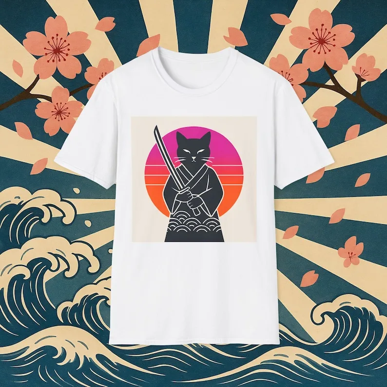 

Camiseta retro de gato samurái: camiseta gráfica vintage, arte animal único