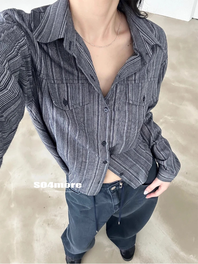 

232012, осень-зима, женская полосатая рубашка с длинным рукавом, винтажная блузка Y2k, топы 2000-х годов, корейские деньги, новинка в High Street